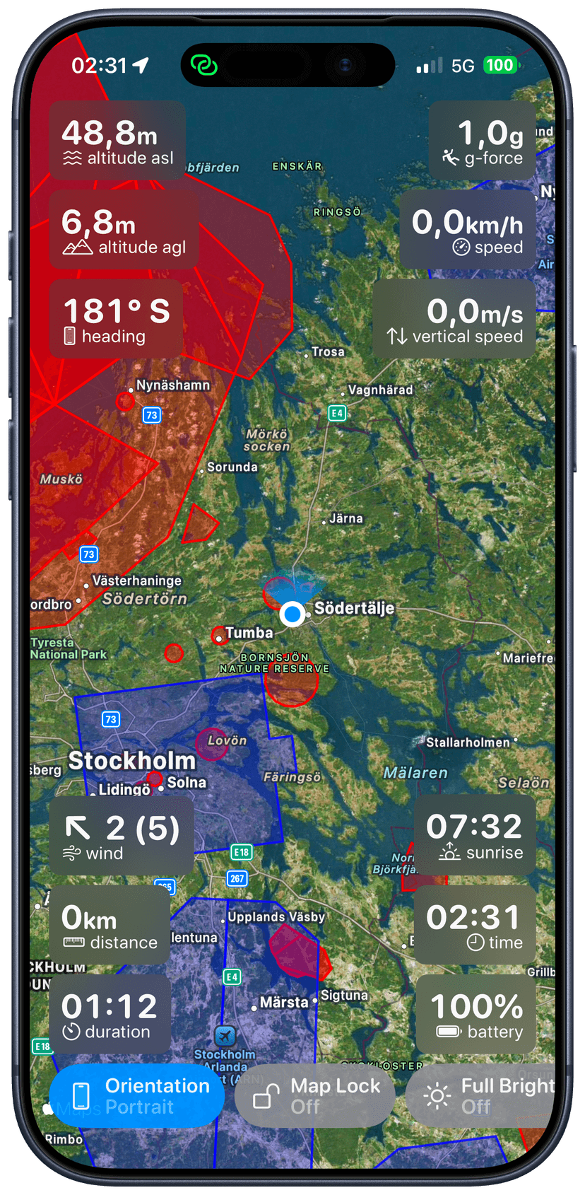 Skai airspaces feature showing controlled airspace boundaries and alerts