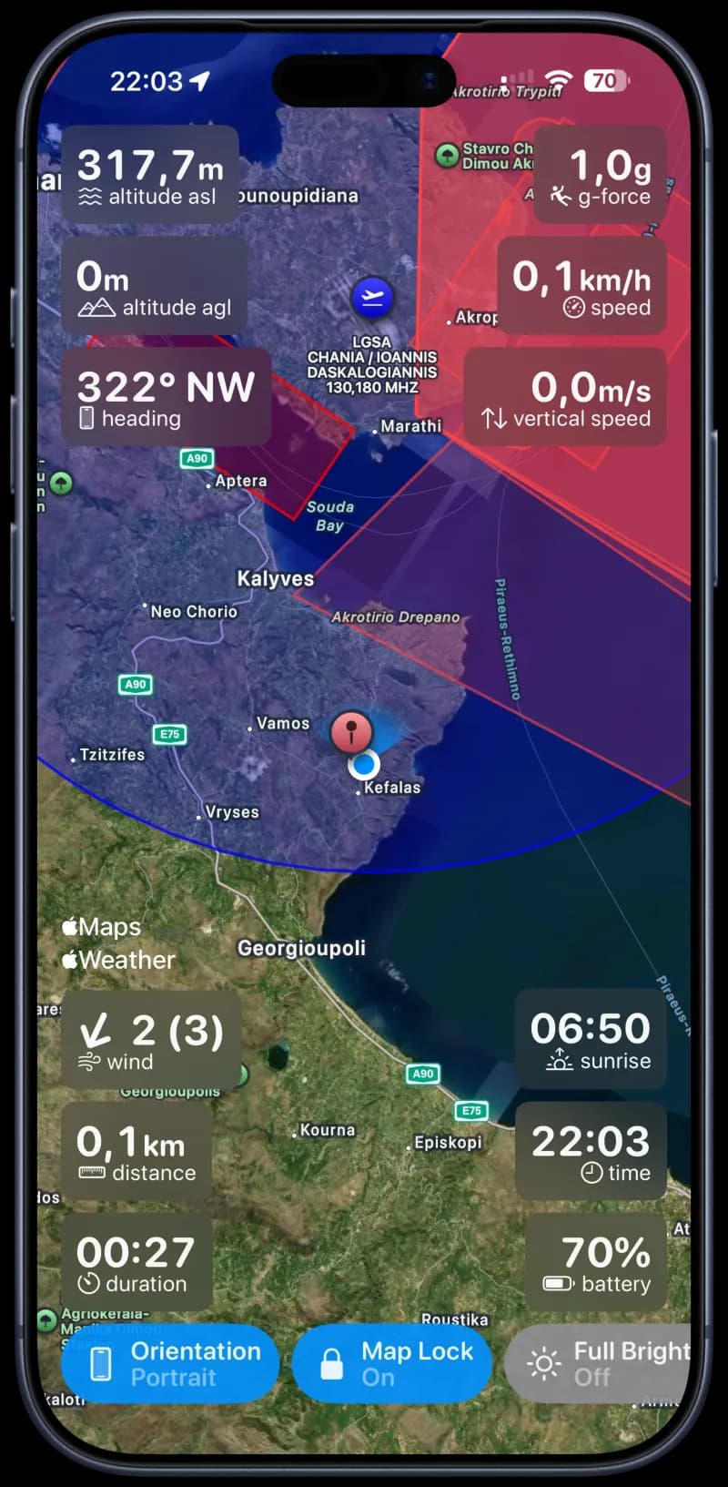 Skai app inflight screen